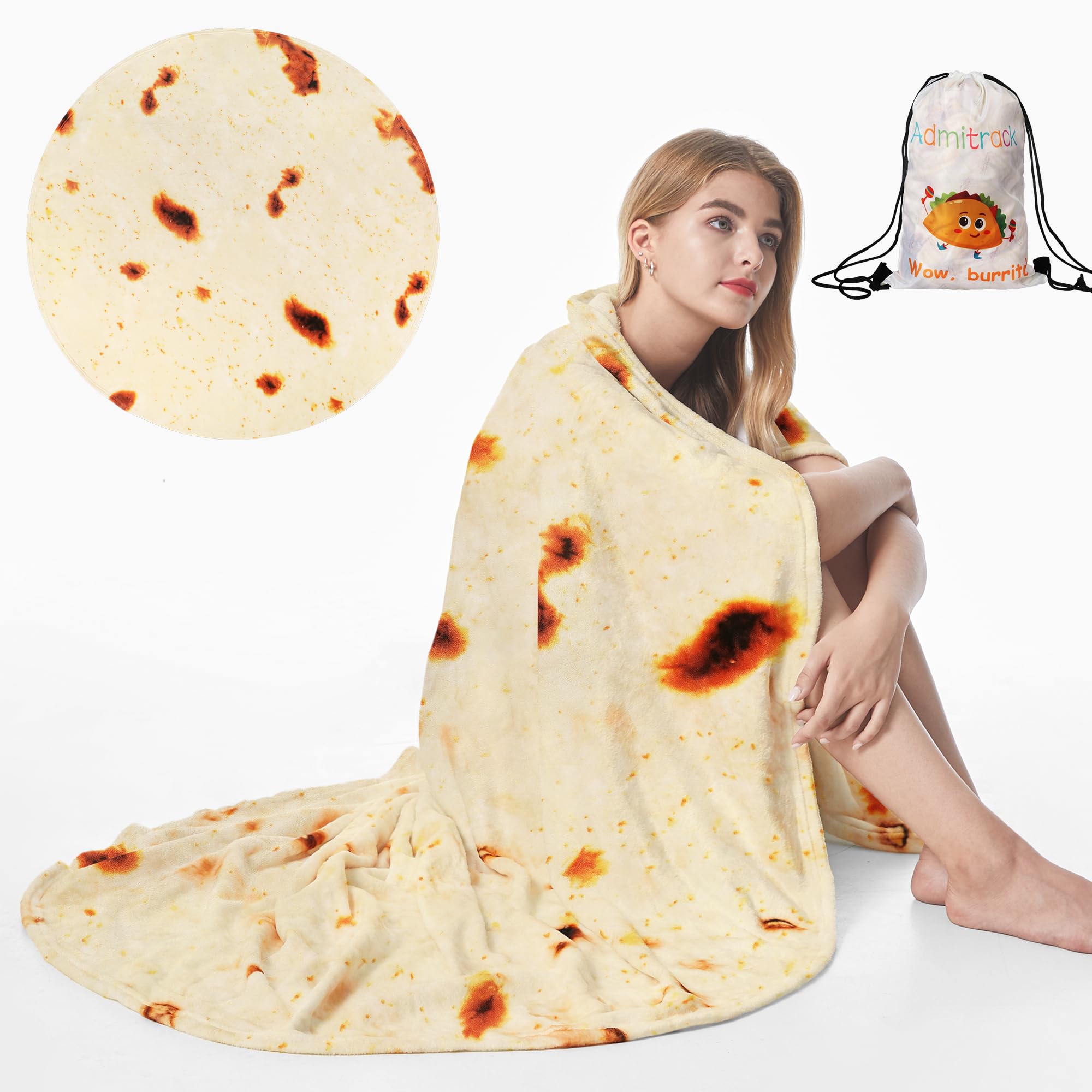 Admitrack Tortilla Blanket, Funny Realistic Round Burrito Throw for Adults & Kids (Double Sided)